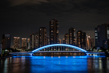 [東京都]隅田川大橋から見た永代橋・月島の夜景