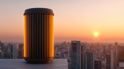 A glowing cylindrical object stands on a ledge, overlooking a city skyline at sunset, casting warm light against the backdrop of tall buildings.