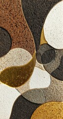 Abstract textured artwork featuring organic, flowing shapes in earthy tones of brown, beige, grey, and gold, creating a visually complex and layered composition