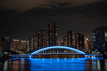[東京都]隅田川大橋から見た永代橋・月島の夜景