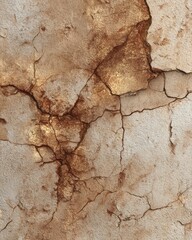 A close-up of a weathered, cracked surface, exhibiting a palette of beige, brown, and light tan tones; the cracks are intricate and spiderweb-like, suggesting age and decay
