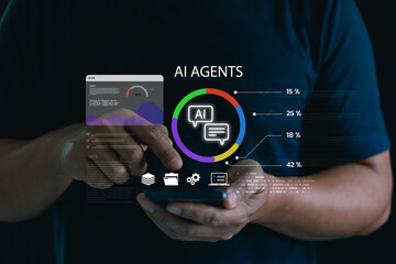 Person using AI agents and data analytics on smartphone, illustrating artificial intelligence technology for automation, business insights and smart decision-making in digital transformation era.