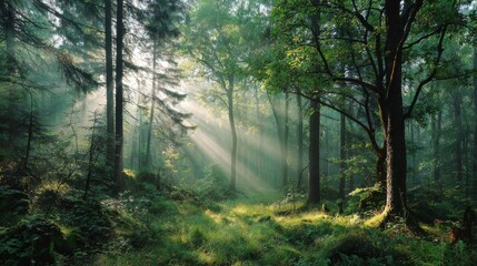 Fototapeta premium Sunlit Forest Canopy: Capturing the ethereal beauty of a sun-drenched forest canopy, with sunlight streaming through the trees. Experience the peaceful, natural setting.