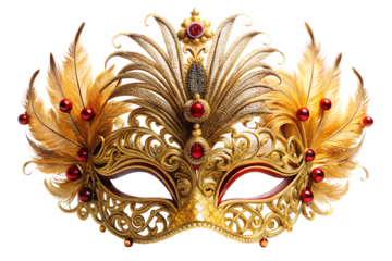 Title:Luxurious Gold Masquerade Mask with Red Beads and Feathers on Black Background image isolated on a transparent background