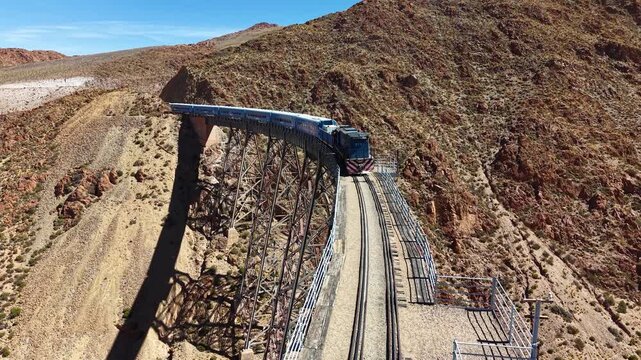 Aerial view of the "Train of the Clouds" in Salta, Argentina. La Polvorilla Viaduct.