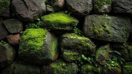 Lush green moss thrives on a dark, uneven stone wall, creating a textured, damp surface; small plants sprout between rocks