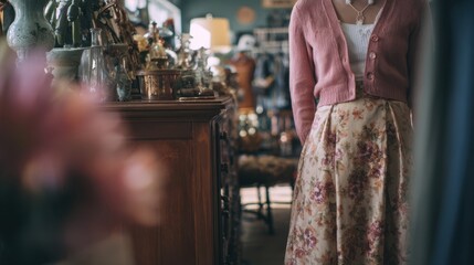 Woman browsing vintage furniture and decorative objects in an antique store, wearing a pink cardigan and floral skirt, creates a nostalgic and charming scene
