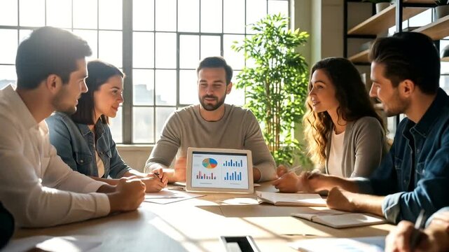 Group of diverse business professionals collaborating around a table, analyzing data on a laptop during a meeting.