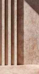 Light illuminates three vertical, textured, beige stone slabs against a matching wall, creating a minimalist, sun-drenched backdrop