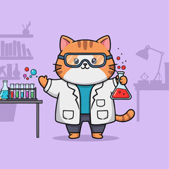A cute cartoon ginger cat scientist in a lab coat and goggles conducts a chemical experiment in a laboratory.