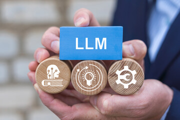 Person holding blocks with icons sees acromym: LLM. LLM Large Language Model AI Technology Concept. Artificial intelligence deep learning machine. © wladimir1804