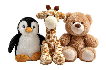  Plush stuffed toy penguin, giraffe, and teddy bear isolated on a white background,w 