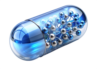 Transparent Blue Capsule Containing Blue and Silver Molecular Structure on Black Background pill medicine isolated on a transparent background