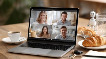  Online meeting smiling businesspeople attending online meeting on laptop, enjoying breakfast with coffee and croissants, working remotely from home office, video conference