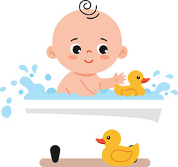 Cute baby playing with yellow rubber duck in white bathtub with water splash vector illustration