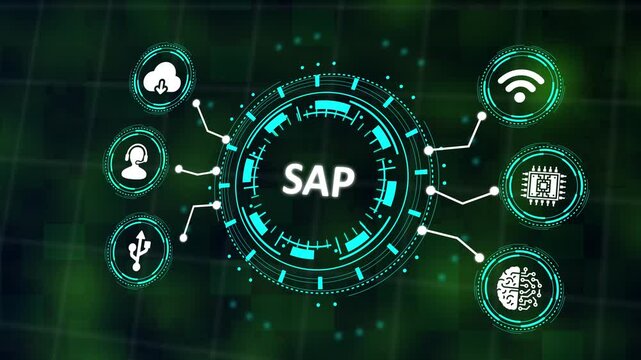 SAP System Software Automation - Enterprise Resource Planning (ERP) technology construction concept on virtual screen. Systems, Applications, Products, Data Processing.