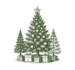 Christmas Tree With Star And Presents Holiday Card Vintage Vector
