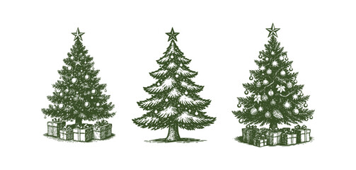 Christmas Tree With Star And Presents Holiday Card Vintage Vector Set