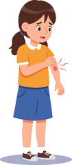 Fototapeta premium Girl with itchy arm scratching red rash wearing orange shirt and blue skirt vector illustration