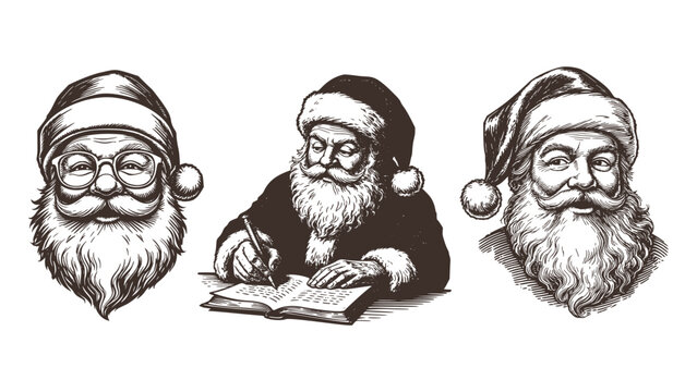 Santa Claus Head Portrait Face Merry Christmas Vintage Vector Print Set Santa's Letter