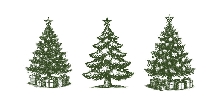 Christmas Tree With Star And Presents Holiday Card Vintage Vector Set