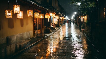 Fototapeta premium A rain-slicked street at night, illuminated by paper lanterns.