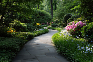 Obraz premium tranquil garden path adorned with ar meditation routes surrounded by blooming plants