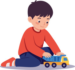 Boy playing with toy truck sitting on floor in casual clothes vector illustration