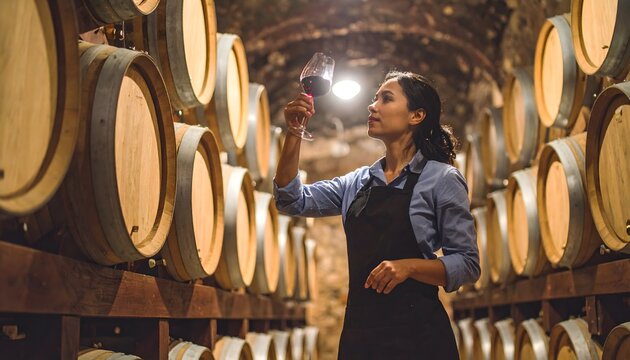 An attractive female sommelier wea a dark apron carefully examines a glass of red wine in a cellar surrounded by rows of aged wooden wine barrels ready to drink. - Powered by Adobe