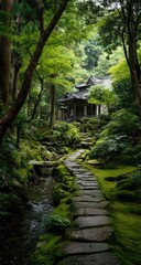Obraz premium Serene stone path winds through moss-covered garden, leading to a tranquil temple nestled amongst lush greenery and a gentle stream