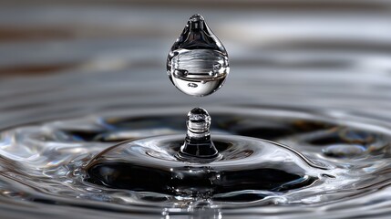 single water drop floating above flat water surface on white background