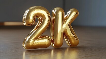 Golden 2K Shiny Balloon on wooden floor for Followers Celebration