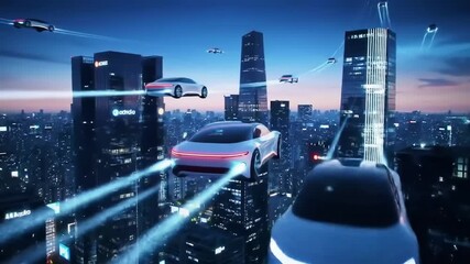 Futuristic city at night with flying cars - Powered by Adobe
