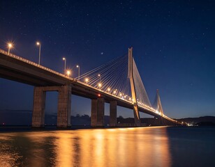 Obraz premium Nighttime view of a modern cable-stayed bridge over water, with stars
