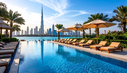 Obraz premium Luxurious poolside view with city skyline