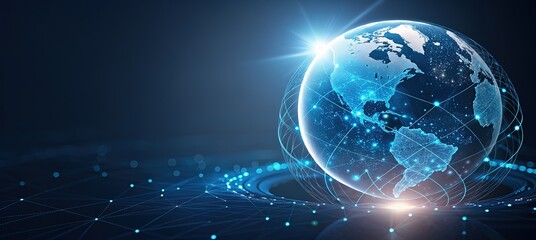 Global network connections, data transmission and worldwide communication in blue tones illustration