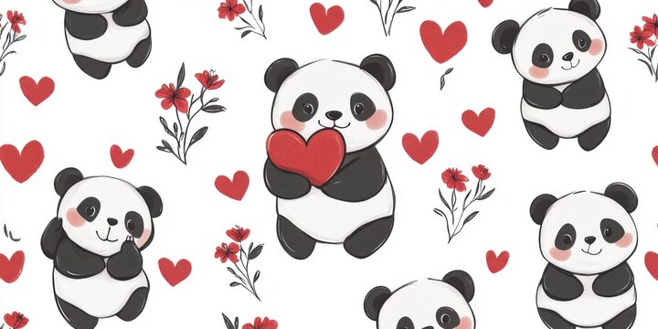 Cute Panda Bear Seamless Pattern with Red Hearts and Flowers on White - Powered by Adobe