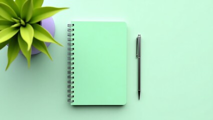 Minimalist desk setup with green notebook and pen alongside a potted plant