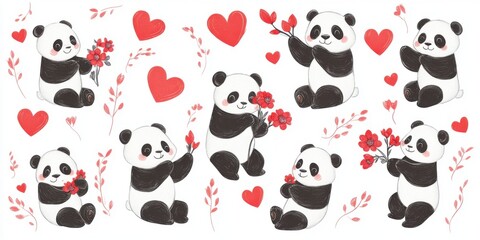 Naklejka premium Cute Panda Bears Holding Flowers and Hearts Pattern on White