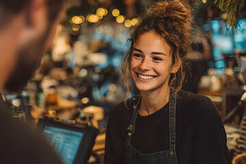 Female Bartender Serving Coffee To Customer At Counter