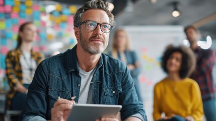 Pensive mature businessman holding a digital tablet and jotting down notes while engaging in a creative meeting with a diverse team in a modern office environment
