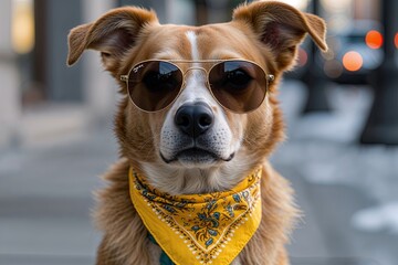 Trendy Dog Wearing Sunglasses and Yellow Bandana Full of Personality