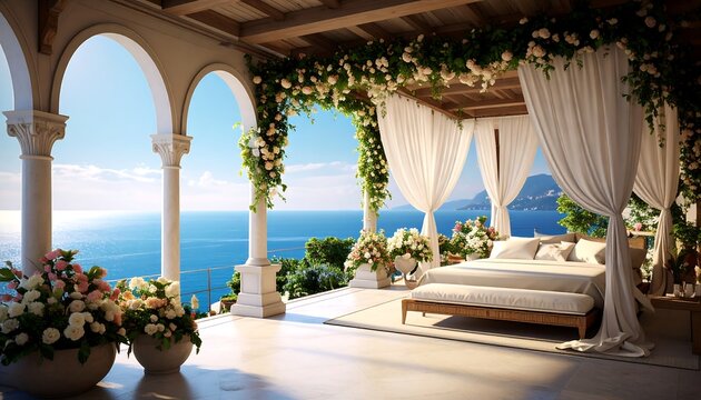 Luxurious seaside bedroom with floral arch