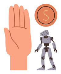 Raised hand pausing robot figure near dollar coin, symbolizing control over automation, AI impact, financial management, ethics, technology regulation, decision-making, innovation. A simple flat