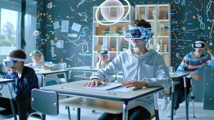 Diverse students engaging with virtual reality headsets, exploring interactive and immersive educational content in a modern classroom setting - Powered by Adobe