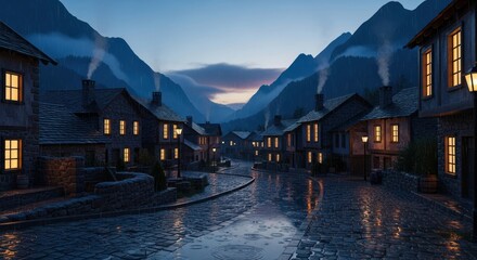Fototapeta premium European Village on Rainy Night with Mountains and Cobblestone Street
