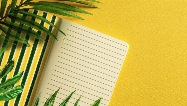 Open lined notebook with tropical leaf print cover rests on yellow background, accompanied by additional tropical foliage - Powered by Adobe