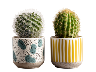 Two Succulent Cacti in Stylish Decorated Pots on Black Background