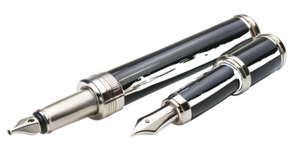 Detailed View of a Black Fountain Pen with Silver Trim and Detached Cap writing instrument isolated on a transparent background