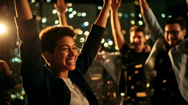 A diverse group of friends celebrating and cheering with their hands raised in the air at an outdoor evening event.